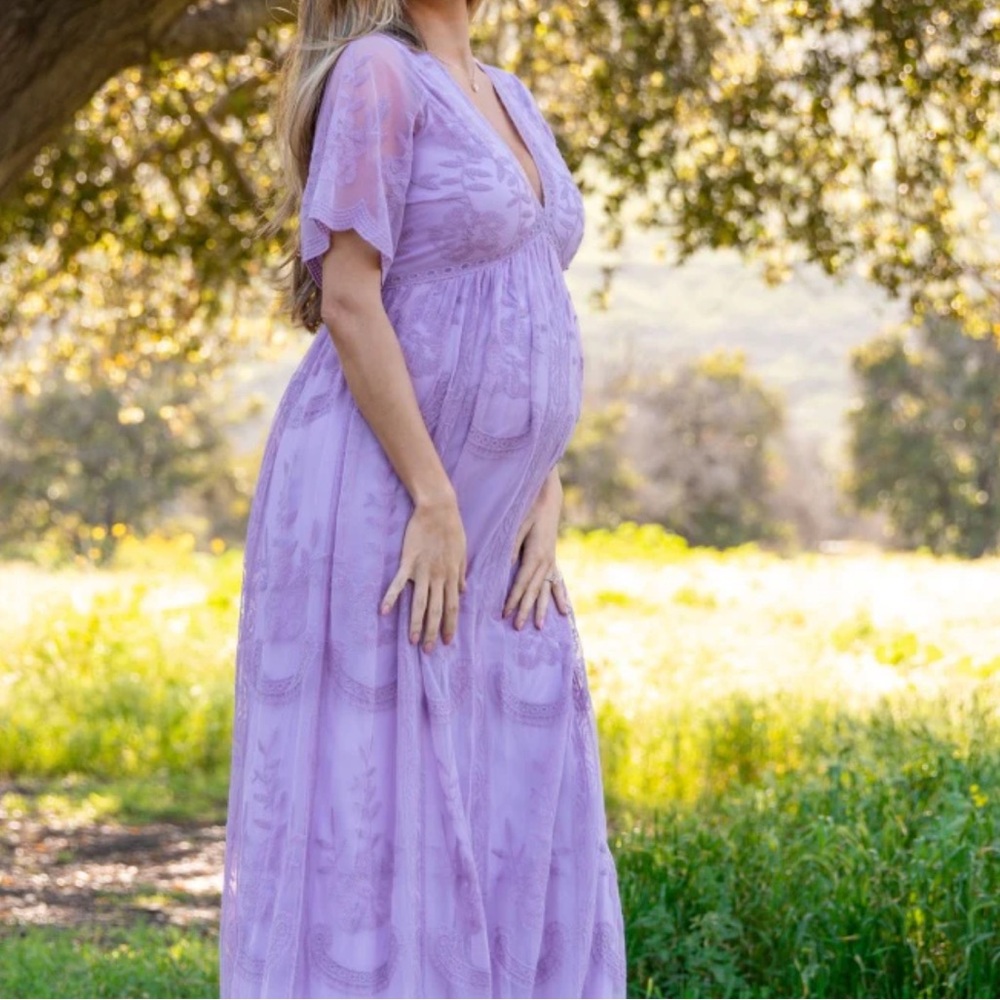 PinkBlush Lavender Lace Mesh Overlay Maternity Maxi Dress